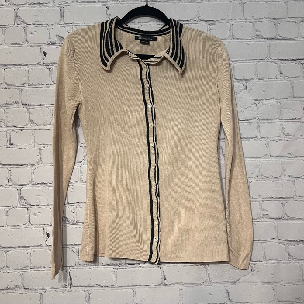 Guess Collection 100% Silk Ribbed Knit Long Sleeve Polo Button Down Top Small